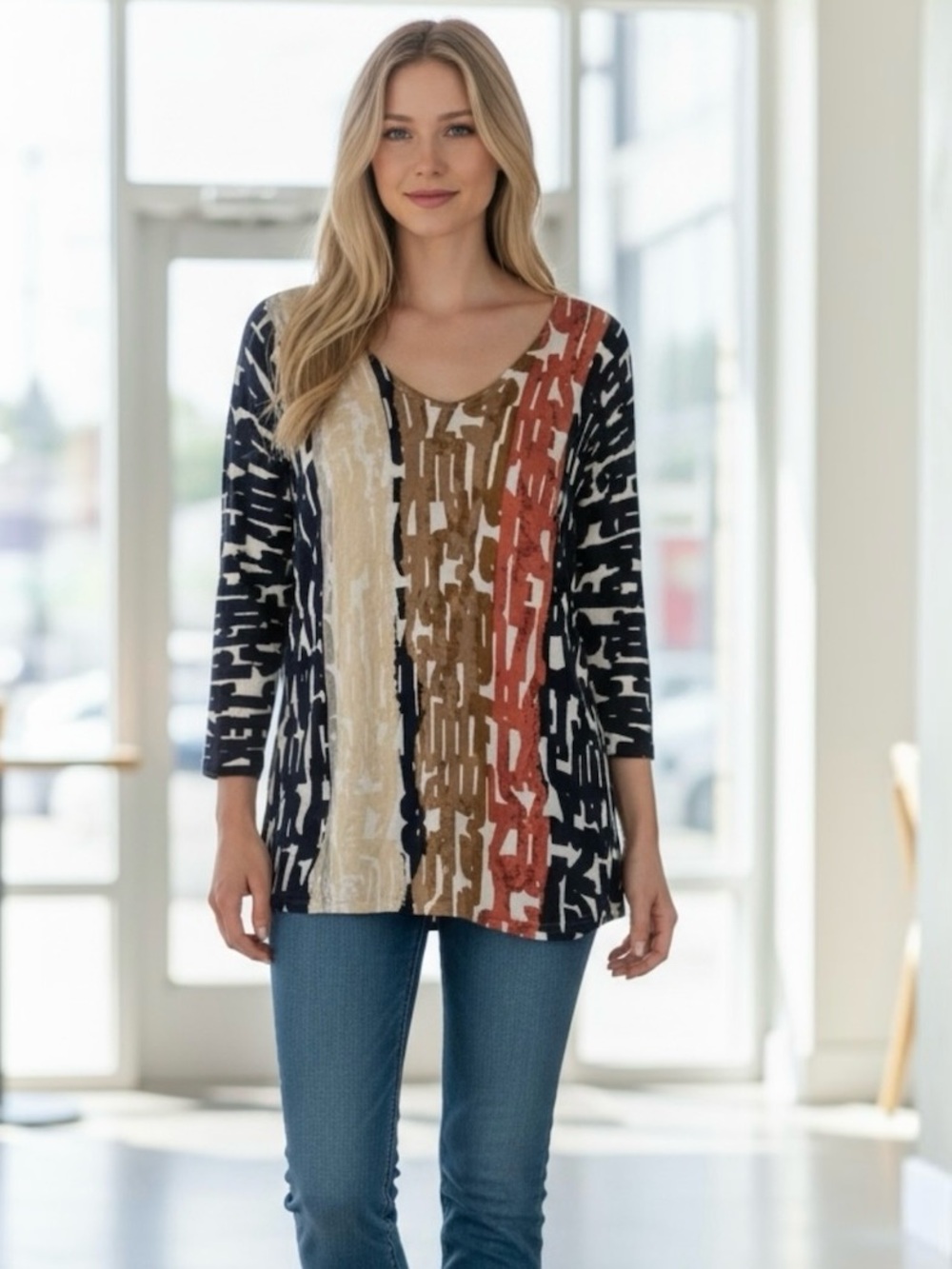 NIC+ZOE Women’s Abstract Stripe Mixed Media Lightweight Tunic Top Size XS